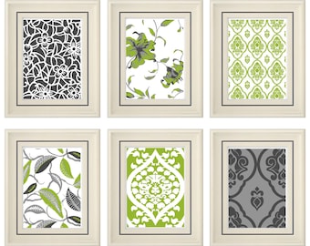 Set of Six Modern Green/Gray Wall Art- Print Set - Home Decor (Unframed)