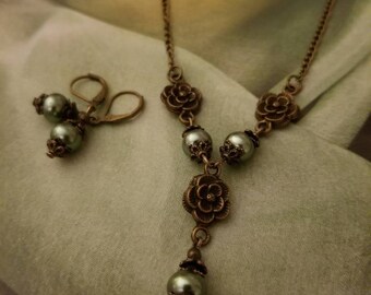 Victorian green pearl necklace and pearl earring jewelry set, antique bronze necklace and matching lever back earrings, bridal jewelry