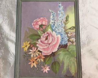 Vintage original oil PAINTING signed Eleanor floral flowers pink ROSES art hand painted art home decor 70s