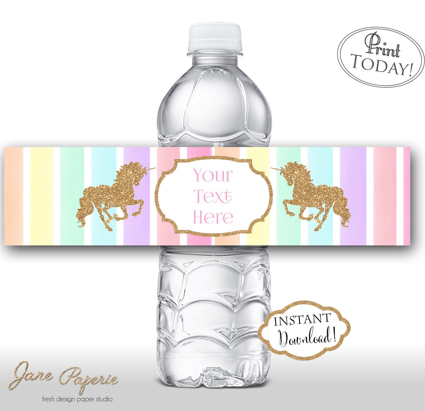 instant download pastel rainbow unicorn water bottle labels