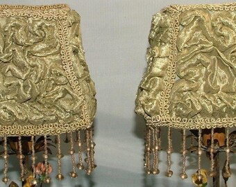 Vintage Pair Shabby Chic Green Ruched Silk Beaded Fringe Lampshades 4.5" x 5"