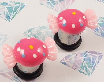 Plugs Gauges - Pink Kawaii Candy Plugs - 4ga (5mm), 2ga (6mm), 0ga (8mm), 00ga (10mm)