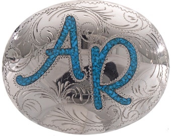 Custom Belt Buckle Inlaid Turquoise Initials