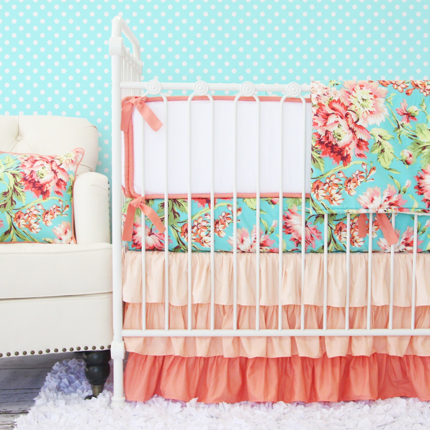 Coral Camila Ruffle Baby Bedding Set Crib set Coral Teal
