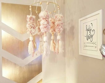 Bohemian Baby Mobile, Pom pom Mobile, Tassel, Boho Nursery Decor, Baby Girl Room, Tribal Room, Safari Chic, Gold, Pink, Neutral, new baby