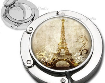 Eiffel Tower with Flourishes Swirls in Sepia Purse Hook Bag Hanger Lipstick Compact Mirror