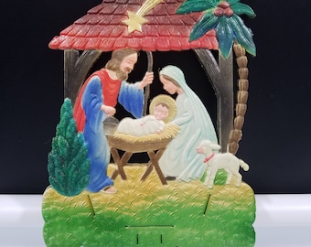 Nativity Manger Scene German Christmas Die Cut Embossed Calendar Top 1940s Vintage