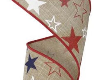 2.5" Burlap Stars Ribbon, Royal Faux Burlap Star Ribbon, Wired Burlap Star Ribbon, Star Ribbon, Patriotic Ribbon (10 Yards) - RG1514KY