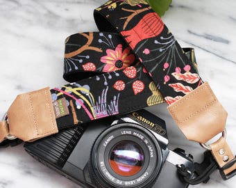 Rifle Paper Co. Camera Strap in NOIR with Side Release Buckles - 1.5 inches wide for DSLR Camera or Mirrorless Camera - Canvas Camera Strap