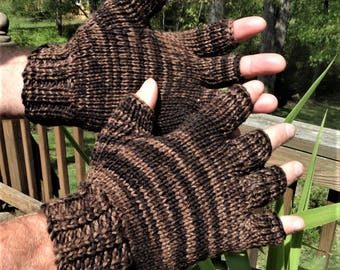 Half Finger Gloves Hand Knit Men's Brown Tonal Merino Wool & Nylon Half Finger Gloves Men's Tonal Brown Hand Warmers Half Finger Knit Gloves