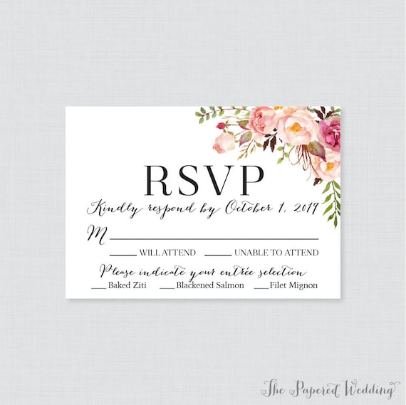 Printable OR Printed Wedding RSVP Cards Pink Floral RSVP