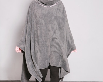 Gray Fleece Poncho, Hooded Cape, Plus Size Hoodie, Poncho Cape, Hooded Poncho, Gray Hooded Cloak, Fleece Cape
