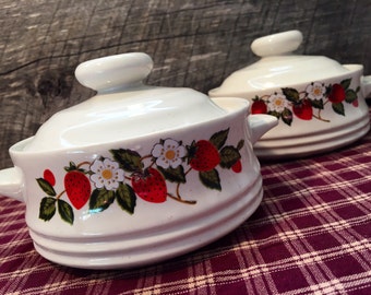1970's Set of TWO (2) Sheffield Strawberries N' Cream Individual Casserole & Lid, Retro, Country Cottage, Farmhouse, Cabin Decor
