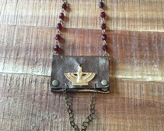 Leather Gift For Her-Women's Accessories-Pouch Necklace-Metallic Bronze Leather-Egyptian Goddess Isis- Hipster Bohemian Jewelry-Valentine's
