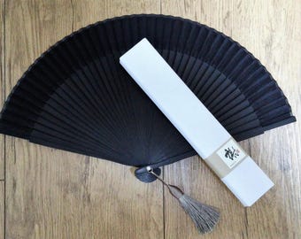 Folding Fan Korean Traditional Silk bamboo Hand Folding Fan With Silk Tassel Zen Style Plain Black Color For Cloth Decorating