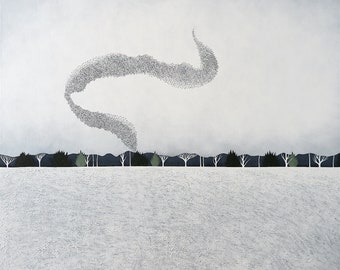 Murmuration - 8x8 Art Print - Winter Landscape Painting - Birds, Flock, Starling - by Natasha Newton