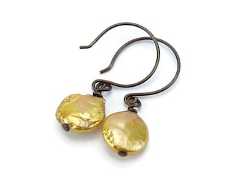 Golden Pearl Bronze-colored Niobium Earrings, Hypoallergenic No Nickel Earrings for Sensitive Ears, Gold Coin Pearl Earrings Niobium Jewelry