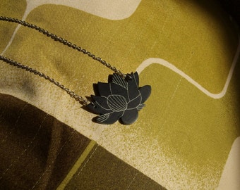 Black Laser Cut Acrylic Succulent Necklace 20" Silver Chain