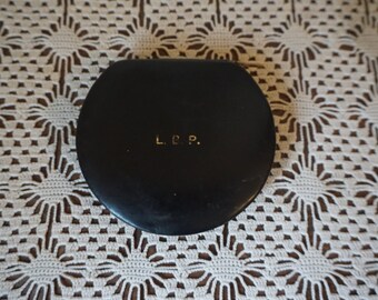 Black Leatherette Zip-up 1960's Powder Mirror Compact With Initials LBP in Gold