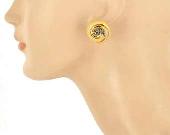Vintage Trifari Mod Organic Gold Tone & Blue Rhinestone Pin/Earrings Set 1.5"