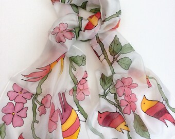 Red and yellow striped birds hand painted silk scarf. Birds and flowers silk scarf. Stripe Birds Scarf