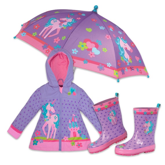 3 Pieces Set Stephen Joseph Unicorn Rain Gear, Umbrella, Rain Coat and Rain Boots.