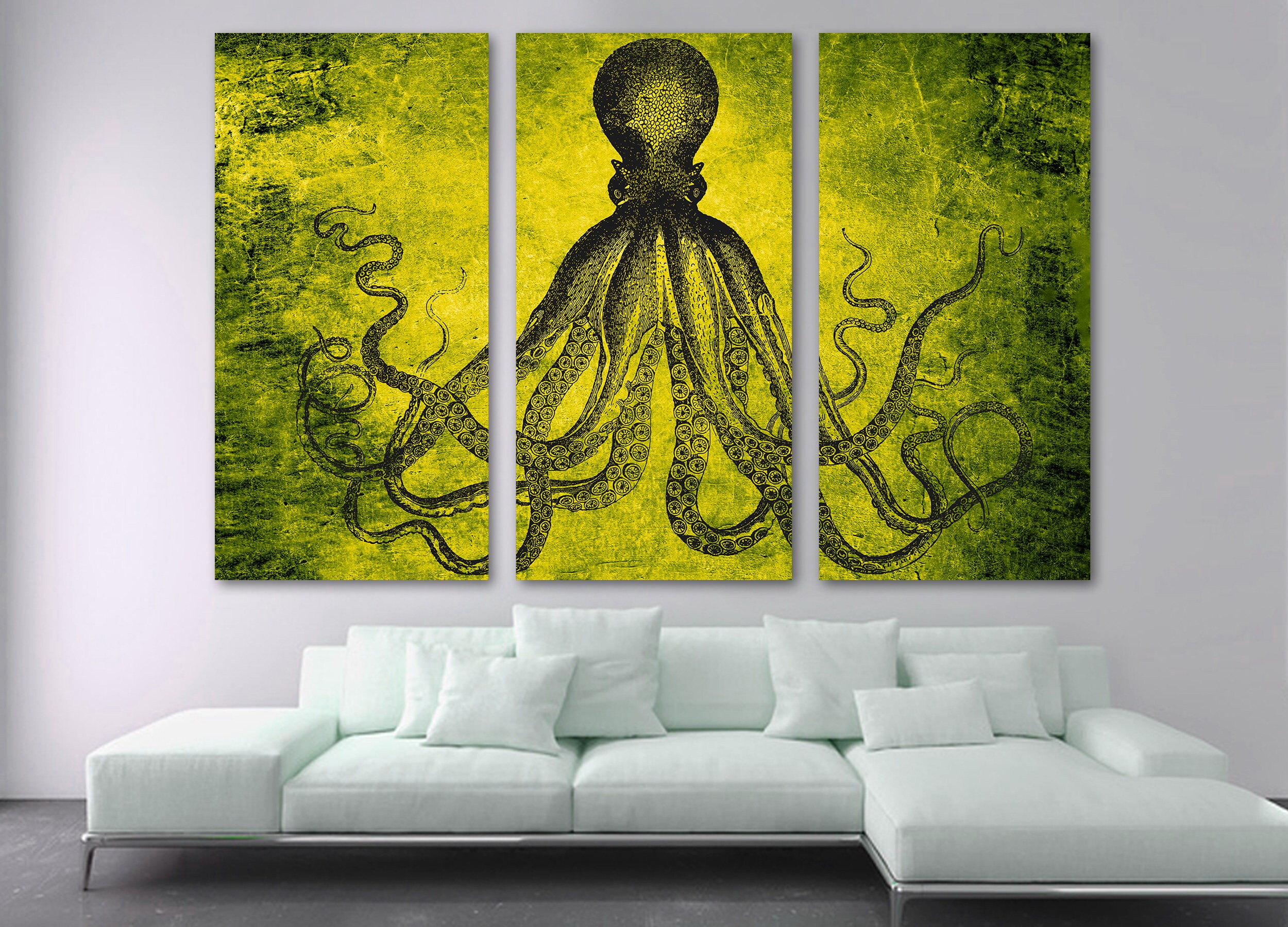 Lord Bodner Octopus Triptych Canvas Print Wall Art - Yellow-Green, 3 Panel Split. Kraken - Art for home & office wall decor, interior design Lord Bodner Octopus Triptych Canvas Print Wall Art - Yellow-Green, 3 Panel Split. Kraken - Art for home & office wall decor, interior design
