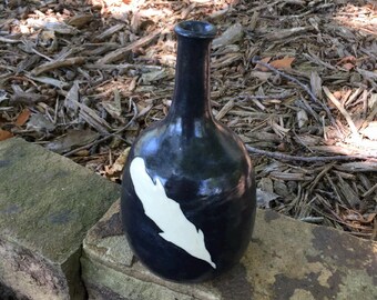 Black and White Feather Bottle Handmade Pottery by Daisy Friesen
