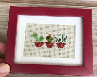 Small Framed Cactus Succulent Completed Cross Stitch in red wooden frame color: cute fun gift/party favor/home decoration