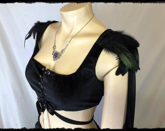 Black Velvet Cosplay Top with Feathers and Shoulder Drapes, Size Medium - Ready to Ship - Sansa Goddess Gothic Vampire Raven Huntress Voodoo