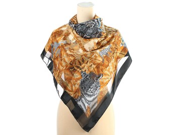 GOLD LEOPARD Print Scarf 90s Sheer Chiffon Animal Print Shawl Woman Vintage Black Gray Royal Muffle 40 inch Square Bohemian Girlfriend Gift