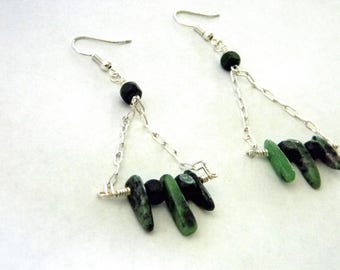 Green Ruby Zoisite with Wood Chain Earrings Dangle Earrings