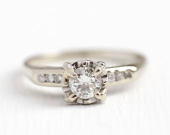 Vintage Diamond Ring - 14k White Gold .40 CTW Diamond Engagement - Retro 1950s Size 6 1/2 Illusion Head Promise Fine Jewelry w/ Appraisal