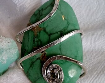 Sterling Silver Wrapped Large Green Turquoise Cabochon Pendant