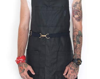 No-Tie Apron - Coated Void Black Denim - Black Leather - Split-Leg