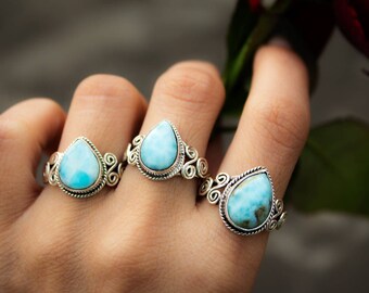 Larimar Ring, Blue Larimar Stone Sterling Silver Ring, Larimar Jewelry, Boho Ring