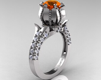Classic 14K White Gold 1.0 Ct Orange Sapphire Diamond Solitaire Wedding Ring R410-14KWGDOS