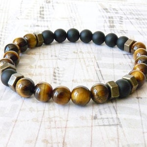 Men Bracelet, Tiger Eye, Stone Bracelet, Bohemian Boho Southwestern Black Onyx, Beaded Bracelet, Boyfriend Father Husband, Valentines Gift