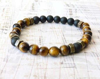 Bracelet Homme Oeil de Tigre, Onyx Noir, Bracelet Pierre Naturelle, Boho Bohème Chic Surfer, Bracelet Perles, Cadeau Homme, Saint Valentin