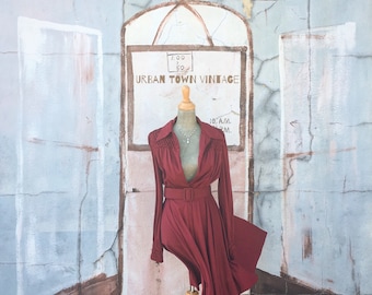 Vintage Deep Burgundy Smocked Belted Dress (Size Medium)