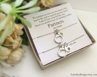 Personalised Handcuff necklaces set of two,set of two necklaces,best friend necklaces,partner in crime necklaces,silver necklace,with card