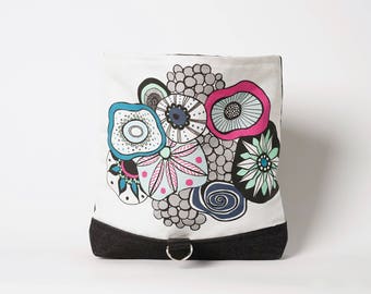 Coral Print , Travel bag , Makeup bag, Project bag Cosmetic bag, Toiletries bag , Roll top bag, Roll down Bag , Grey Triangle