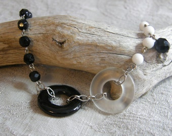 Artisan made assemblage bracelet - black and white vintage findings