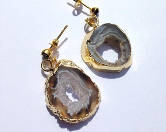 Geode Sliced Earrings, Geode Gold Earrings, Geode Slice Earrings, Geode Gold Pendant Earrings, Agate Earrings , Druzy , Gold,Black, Item #39