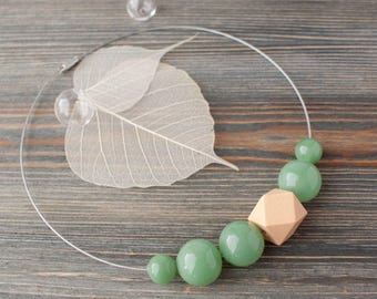Geometric Wood and Glass Necklace, Glass bubble necklace, Faceted Wood Bead Necklace, Bubble Jewelry, DarkSeaGreen beads, Pastel necklace