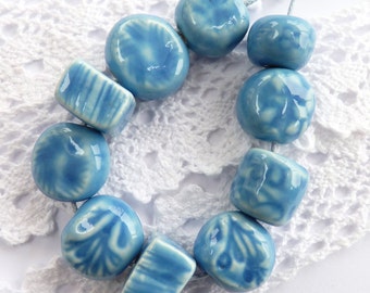 Ceramic beads ~ 10 handmade clay beads, ceramic bead, stoneware beads, handmade jewellery supplies, handmade blue beads, jewellery making