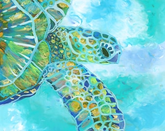 Turtle art prints, Hawaiian art, Kauai art prints, Hawaii painting, Hawaiian honu turtles, sea turtles ocean art, sea turtle decor, for kids