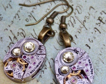 Citrine - Steampunk Earrings - Hamilton Watch parts earrings - Repurposed - Recycled - Drop earrings