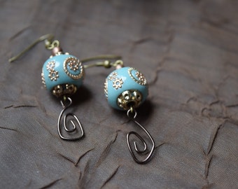 Copper and blue dangle earrings