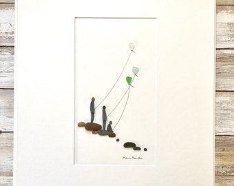 Fine Art with Pebbles and seaglass, three children flying kites, 12 by 16, Sharon Nowlan Original Art, framed or Unframed